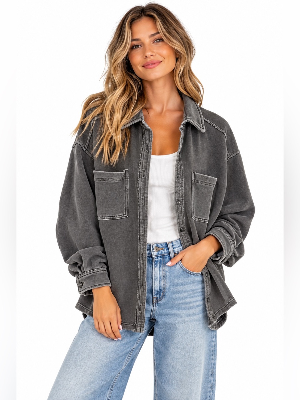 Aerie S/P Charcoal Gray Oversized French Terry Shacket Button Up Raw Edge